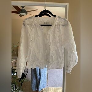 Outerknown White Eyelet Tie Front Blouse